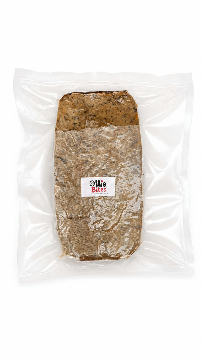 A vacuum-sealed Ollie Bites Chicken Loaf packet